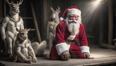 HQ,open mouth,long sleeves,1boy,hat,jewelry,sitting,white hair,male focus,belt,indoors,necklace,fur trim,no humans,kneeling,facial hair,chain,animal,christmas,red headwear,beard,santa hat,santa costume,realistic,mustache,antlers,reindeer antlers,reindeer,looking at viewer,smile,multiple boys,signature,light rays,light,sack,manly,old,old man,statue,carpet