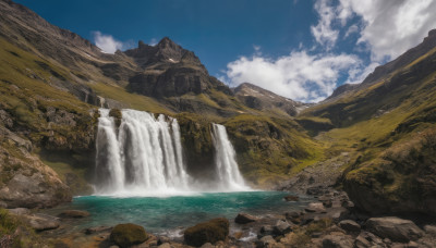 outdoors, sky, day, cloud, water, blue sky, no humans, nature, scenery, rock, mountain, river, waterfall, landscape, cliff