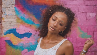 1girl,solo,long hair,brown hair,black hair,jewelry,collarbone,closed eyes,upper body,earrings,parted lips,dark skin,bracelet,dark-skinned female,lips,curly hair,hoop earrings,realistic,wall,brick wall,dirty,very dark skin,sweat,graffiti,afro