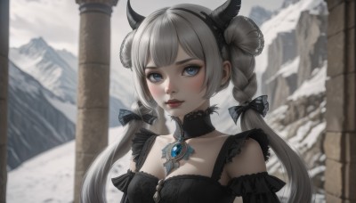 1girl,solo,long hair,breasts,looking at viewer,smile,bangs,blue eyes,dress,bow,ribbon,cleavage,twintails,jewelry,medium breasts,closed mouth,collarbone,hair ribbon,upper body,braid,hair bow,grey hair,hairband,outdoors,frills,detached sleeves,horns,choker,day,necklace,hair bun,blurry,black dress,twin braids,lips,double bun,black ribbon,black bow,detached collar,blurry background,brooch,gem,snow,pendant,mountain,red lips,black horns,blush,demon horns,portrait,fake horns,pillar