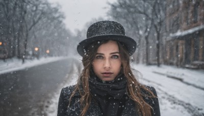 1girl,solo,long hair,looking at viewer,blue eyes,brown hair,hat,upper body,outdoors,parted lips,scarf,blurry,tree,lips,coat,black headwear,blurry background,nature,snow,forest,freckles,snowing,realistic,winter,bare tree,brown eyes,jacket,day,depth of field,building,black coat,nose,winter clothes,road,black scarf,street,grey sky