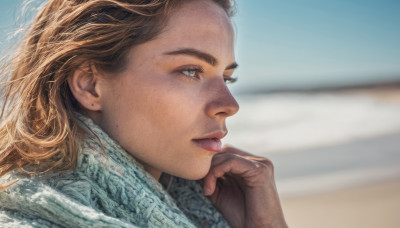 1girl, solo, long hair, blue eyes, brown hair, outdoors, day, mole, blurry, lips, profile, blurry background, portrait, freckles, realistic, nose