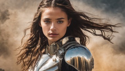 1girl,solo,long hair,looking at viewer,brown hair,brown eyes,upper body,parted lips,sky,cloud,armor,lips,grey eyes,floating hair,cloudy sky,wind,shoulder armor,portrait,freckles,pauldrons,breastplate,realistic,nose