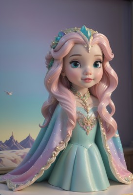 1girl,solo,long hair,looking at viewer,smile,blue eyes,hair ornament,dress,jewelry,pink hair,earrings,sky,artist name,necklace,cape,aqua eyes,lips,makeup,blue dress,bird,tiara,aged down,crown,gem,child,freckles,mountain,female child,princess,sitting,watermark,green dress,sunset,aqua dress