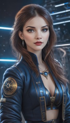 1girl,solo,long hair,breasts,looking at viewer,blue eyes,brown hair,cleavage,brown eyes,jewelry,medium breasts,closed mouth,underwear,jacket,upper body,earrings,open clothes,belt,necklace,bra,blurry,open jacket,lips,eyelashes,makeup,blurry background,lipstick,blue jacket,forehead,eyeshadow,realistic,nose,red lips,denim jacket,artist name,signature,pendant,emblem