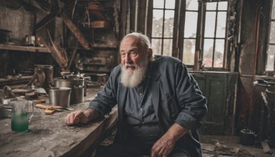 solo,looking at viewer,shirt,1boy,sitting,jacket,white hair,male focus,pants,indoors,cup,coat,window,facial hair,scar,chair,black pants,table,beard,snow,sleeves rolled up,realistic,mustache,manly,old,old man,wrinkled skin,closed mouth,glasses,day,black jacket,bottle,bucket