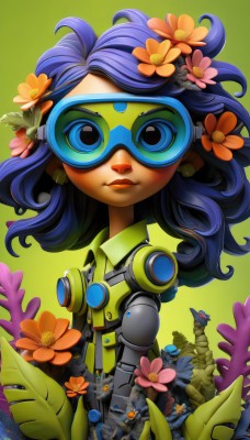 1girl,solo,looking at viewer,blue eyes,hair ornament,jewelry,blue hair,upper body,purple hair,flower,earrings,hair flower,lips,makeup,lipstick,goggles,freckles,black hair,leaf,plant,robot,science fiction,green background,cyborg