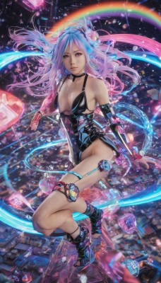 1girl,solo,long hair,breasts,looking at viewer,blue eyes,cleavage,bare shoulders,medium breasts,blue hair,collarbone,full body,pink hair,multicolored hair,parted lips,detached sleeves,choker,leotard,lips,science fiction,city,holographic interface,hair ornament,purple hair,boots,night,building,realistic,cityscape