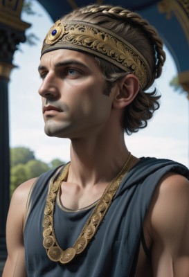 solo,short hair,blue eyes,brown hair,1boy,bare shoulders,jewelry,closed mouth,upper body,braid,male focus,outdoors,sky,sleeveless,day,blurry,lips,looking to the side,blurry background,headband,facial hair,crown,realistic,nose,looking afar,greek clothes,collarbone,necklace,muscular,looking away,gem,portrait,manly