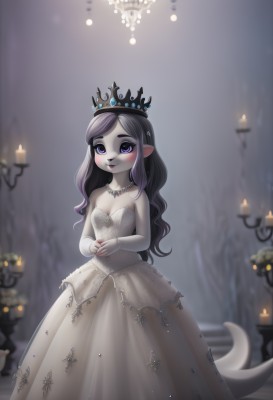 1girl,solo,long hair,breasts,looking at viewer,blush,smile,blue eyes,black hair,dress,cleavage,bare shoulders,jewelry,closed mouth,standing,purple eyes,tail,purple hair,grey hair,small breasts,pointy ears,necklace,nail polish,white dress,blurry,strapless,makeup,depth of field,blurry background,colored skin,own hands together,tiara,crown,monster girl,pale skin,strapless dress,wedding dress,long dress,candle,grey skin,pearl necklace,gloves,medium breasts,collarbone,multicolored hair,artist name,indoors,white gloves,gradient hair,wavy hair,ring,veil,bridal gauntlets,wedding ring,bridal veil,bride,candlestand,chandelier