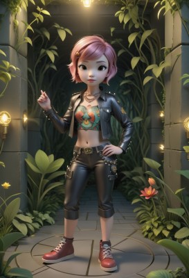 1girl,solo,looking at viewer,short hair,shirt,hair ornament,long sleeves,navel,brown eyes,jewelry,standing,jacket,full body,pink hair,flower,open clothes,shoes,hairclip,midriff,belt,pants,necklace,bracelet,open jacket,lips,black jacket,crop top,hand on hip,makeup,swept bangs,chain,leaf,black pants,ring,plant,denim,lipstick,red footwear,sneakers,pendant,cropped jacket,jeans,tiles,leather,tile floor,no socks,leather jacket,capri pants,pavement,denim jacket,leather pants,breasts,cleavage,cable