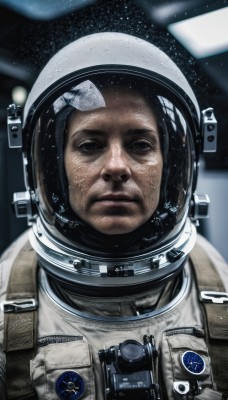 solo,looking at viewer,1boy,closed mouth,upper body,male focus,signature,blurry,black eyes,facial hair,helmet,science fiction,realistic,space,spacesuit,astronaut,black hair,vest,portrait,star (sky),reflection,serious,emblem,badge,planet,earth (planet),american flag,spacecraft,space helmet