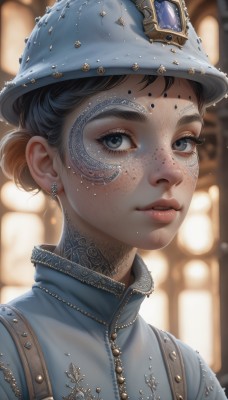 1girl,solo,looking at viewer,short hair,blue eyes,black hair,hat,jewelry,upper body,earrings,parted lips,artist name,necklace,hair bun,blurry,black eyes,lips,grey eyes,eyelashes,tattoo,depth of field,blurry background,facial mark,single hair bun,gem,portrait,zipper,freckles,realistic,nose,mole on cheek,blue headwear