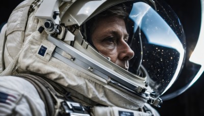 solo,black hair,1boy,upper body,male focus,signature,blurry,black eyes,from side,profile,facial hair,helmet,reflection,science fiction,realistic,space,american flag,spacesuit,space helmet,astronaut,blue eyes,weapon,portrait,star (sky),beard,pilot suit,planet,earth (planet),spacecraft,pilot