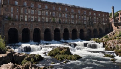 outdoors,sky,day,water,tree,blue sky,no humans,window,building,scenery,rock,ruins,house,bridge,river,waterfall,bush,architecture,arch,moss,fountain