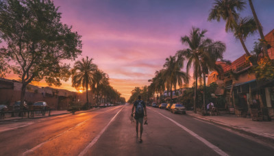 1girl, outdoors, sky, cloud, bag, tree, dutch angle, backpack, ground vehicle, building, scenery, motor vehicle, walking, sunset, palm tree, car, road, street