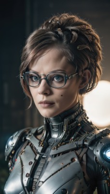 1girl,solo,breasts,looking at viewer,short hair,blue eyes,brown hair,hair ornament,closed mouth,upper body,glasses,armor,mole,blurry,lips,bodysuit,makeup,blurry background,mole under mouth,science fiction,black-framed eyewear,realistic,nose,cyborg,eyelashes,messy hair,portrait,forehead,backlighting,android,dirty,cyberpunk