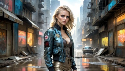 HQ,1girl,solo,long hair,breasts,looking at viewer,blue eyes,blonde hair,shirt,long sleeves,cleavage,medium breasts,standing,jacket,cowboy shot,outdoors,parted lips,open clothes,belt,pants,open jacket,lips,makeup,denim,blue jacket,ground vehicle,building,motor vehicle,jeans,city,sign,realistic,nose,car,road,cityscape,badge,street,skyscraper,denim jacket,android 18,jewelry,earrings,sky,day,signature,torn clothes,eyelashes,lipstick,reflection,rain,emblem,unzipped,dirty,leather jacket