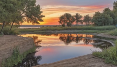 outdoors,sky,cloud,water,tree,no humans,cloudy sky,grass,plant,nature,scenery,forest,reflection,sunset,horizon,road,river,evening,lake,orange sky,path,reflective water,bush,twilight,landscape,gradient sky