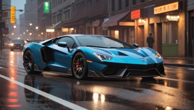 1boy,jacket,outdoors,black jacket,night,ground vehicle,building,motor vehicle,reflection,rain,city,sign,car,road,vehicle focus,police,lamppost,street,sports car,black hair,male focus,no humans,scenery