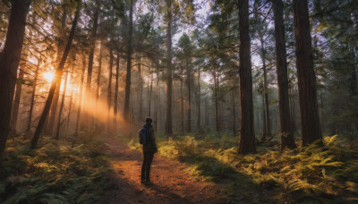 solo, black hair, 1boy, standing, male focus, outdoors, bag, from behind, tree, dutch angle, sunlight, backpack, grass, nature, scenery, forest, sunset, light rays, sunbeam