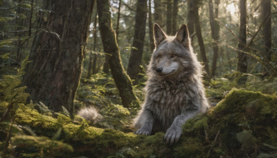 outdoors, day, blurry, tree, no humans, animal, plant, nature, scenery, forest, realistic, wolf