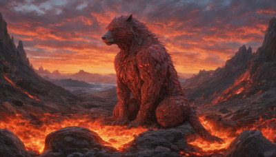 red eyes, sitting, outdoors, sky, cloud, no humans, cloudy sky, fire, rock, mountain, molten rock