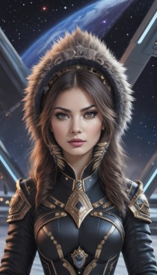 1girl,solo,long hair,breasts,looking at viewer,brown hair,brown eyes,jewelry,medium breasts,upper body,hairband,earrings,signature,armor,lips,bodysuit,makeup,star (sky),starry sky,science fiction,realistic,nose,headdress,space,planet,earth (planet),hood,fur trim