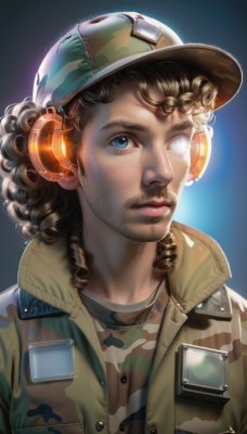 solo,looking at viewer,blue eyes,brown hair,1boy,hat,jacket,upper body,male focus,uniform,lips,military,military uniform,glowing,facial hair,headphones,baseball cap,beard,headset,curly hair,realistic,nose,mustache,camouflage,shirt,signature,stubble,patch