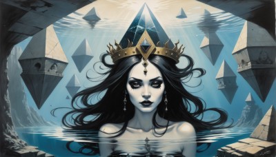 1girl,solo,long hair,looking at viewer,black hair,bare shoulders,jewelry,collarbone,earrings,water,black eyes,lips,strapless,makeup,sunlight,tiara,crown,lipstick,gem,eyeshadow,partially submerged,light rays,crystal,underwater,black lips,monochrome,pale skin,blue theme,watercraft,castle,ship,boat