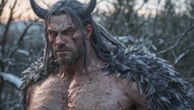 solo,long hair,looking at viewer,blue eyes,black hair,1boy,closed mouth,upper body,male focus,one eye closed,horns,blurry,fur trim,muscular,blurry background,facial hair,scar,pectorals,muscular male,bara,beard,scar on face,snow,large pectorals,topless male,mature male,realistic,mustache,scar across eye,chest hair,arm hair,hairy,grey hair,outdoors,tree,manly