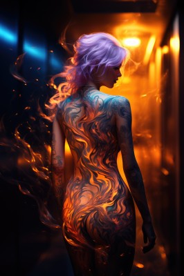 1girl,solo,long hair,holding,closed mouth,standing,purple hair,ass,nude,cowboy shot,looking back,indoors,dark skin,from behind,blurry,dark-skinned female,completely nude,tattoo,profile,blurry background,back,wavy hair,fire,smoke,arms at sides,arm tattoo,flame,back tattoo,burning,full-body tattoo,short hair,white hair,glowing