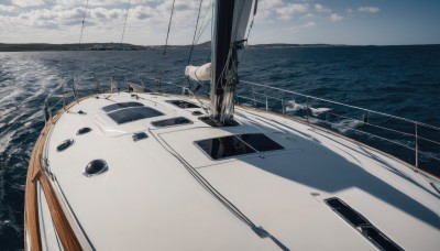 outdoors,sky,day,cloud,water,blue sky,no humans,shadow,ocean,cloudy sky,building,scenery,railing,horizon,road,watercraft,vehicle focus,ship,boat,realistic