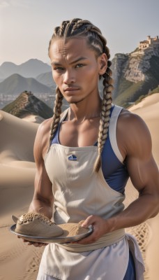 1girl,solo,long hair,looking at viewer,brown hair,black hair,holding,bare shoulders,brown eyes,closed mouth,collarbone,braid,outdoors,food,sky,dark skin,apron,twin braids,lips,muscular,tank top,white apron,plate,mountain,realistic,nose,muscular female,desert,pie,dark-skinned female,holding plate,dreadlocks