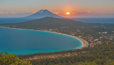 outdoors,sky,cloud,water,tree,no humans,ocean,sunlight,grass,nature,scenery,forest,reflection,sunset,mountain,sun,horizon,river,landscape,mountainous horizon,lake,orange sky,hill,building,watercraft,island