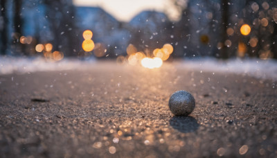 outdoors, blurry, no humans, night, depth of field, blurry background, scenery, snow, snowing, city, bokeh, city lights