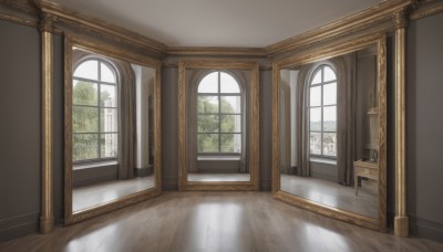 day,indoors,tree,no humans,window,sunlight,plant,scenery,reflection,wooden floor,door,painting (object),shadow,reflective floor