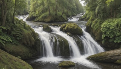 outdoors,day,artist name,signature,water,dated,tree,no humans,sunlight,nature,scenery,forest,river,waterfall,moss,rock,landscape,stream