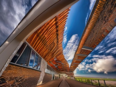 outdoors,sky,day,cloud,tree,blue sky,no humans,window,sunlight,cloudy sky,grass,building,scenery,stairs,fence,railing,road,house,bridge,fisheye,train station,railroad tracks,signature,dutch angle