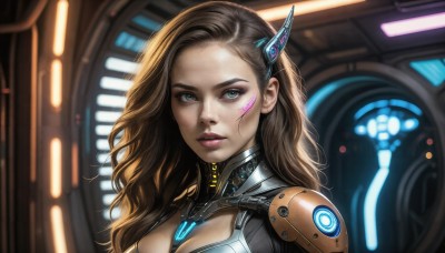 HQ,1girl,solo,long hair,breasts,looking at viewer,blue eyes,brown hair,hair ornament,cleavage,upper body,parted lips,teeth,lips,clothing cutout,bodysuit,tattoo,makeup,headgear,wavy hair,facial mark,cleavage cutout,portrait,forehead,science fiction,realistic,nose,cyborg,cyberpunk,medium breasts,indoors,blurry,eyelashes,close-up,eyeshadow,pink lips,eyeliner,facepaint,mascara