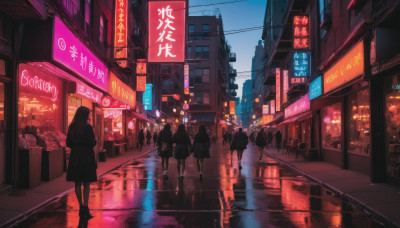 long hair, multiple girls, outdoors, sky, night, building, scenery, reflection, city, sign, road, cityscape, power lines, street, neon lights, people, crosswalk, vanishing point