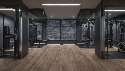 indoors,no humans,window,chair,table,scenery,wooden floor,door,light,cable,hallway,ceiling light,reflective floor,night,building,reflection,science fiction,lamp,cityscape