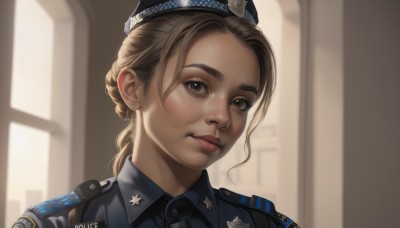 1girl,solo,long hair,looking at viewer,smile,blonde hair,brown hair,shirt,hat,brown eyes,jewelry,closed mouth,braid,earrings,collared shirt,artist name,indoors,blurry,uniform,lips,blurry background,blue shirt,portrait,blue headwear,freckles,realistic,stud earrings,police,police uniform,policewoman,police hat,military,military uniform,makeup,beret,epaulettes,nose,thick lips