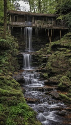 outdoors,day,water,tree,no humans,building,nature,scenery,forest,rock,architecture,ruins,bridge,river,waterfall,moss,overgrown,stream,east asian architecture