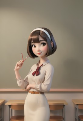 1girl,solo,looking at viewer,blush,smile,short hair,bangs,skirt,brown hair,shirt,long sleeves,dress,ribbon,holding,brown eyes,closed mouth,standing,white shirt,cowboy shot,hairband,small breasts,belt,indoors,white dress,red ribbon,lips,neck ribbon,chair,bob cut,desk,white hairband,classroom,brown belt,school desk,pencil,chalkboard,teacher,breasts,bow,jewelry,earrings,pocky