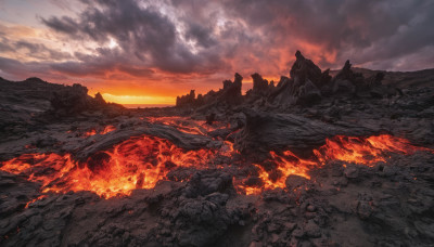 outdoors, sky, cloud, no humans, cloudy sky, fire, scenery, sunset, rock, mountain, ruins, landscape, molten rock