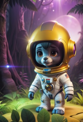 solo,1boy,brown eyes,standing,full body,male focus,outdoors,tree,leaf,watermark,moon,helmet,nature,furry,lens flare,spacesuit,space helmet,astronaut,signature,realistic,american flag,japanese flag