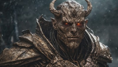 solo,looking at viewer,red eyes,1boy,closed mouth,upper body,male focus,horns,pointy ears,armor,orange eyes,glowing,helmet,shoulder armor,portrait,glowing eyes,pauldrons,snowing,full armor,horned helmet,outdoors,teeth,colored skin,colored sclera,black sclera,demon