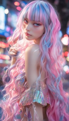 1girl,solo,long hair,looking at viewer,bangs,blue eyes,bare shoulders,jewelry,very long hair,blue hair,upper body,pink hair,multicolored hair,parted lips,blunt bangs,blurry,from side,two-tone hair,lips,looking to the side,eyelashes,makeup,depth of field,blurry background,wavy hair,realistic,nose,bokeh,breasts,dress,closed mouth,looking back,artist name,watermark,web address