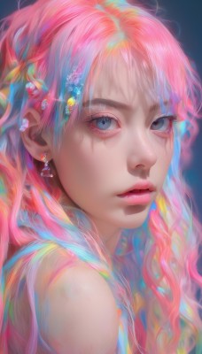 1girl,solo,long hair,looking at viewer,bangs,blue eyes,hair ornament,bare shoulders,jewelry,upper body,pink hair,flower,multicolored hair,earrings,parted lips,hair flower,from side,lips,eyelashes,makeup,scar,portrait,eyeshadow,realistic,nose,red lips,colorful,mascara,simple background,closed mouth,grey eyes,gradient hair,watermark,blue background,wavy hair,gem,scar on face,pink lips,rainbow hair